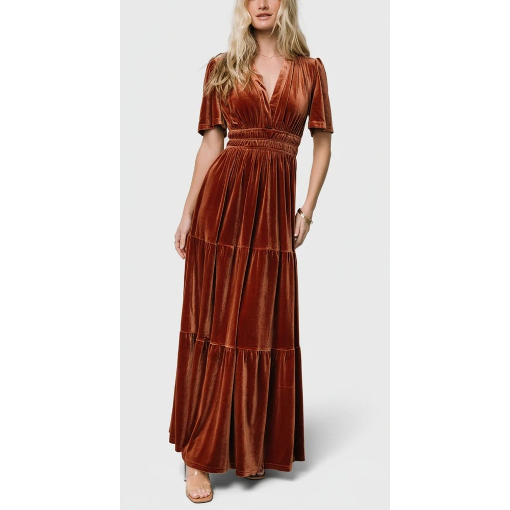 Baltic Born Artemis Velvet Maxi Dress XS V-Neck Tiered Dark Spice